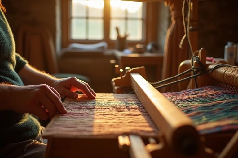 An artisan weaver, with focused hands, works on a traditional wooden loom bathed in warm sunlight within a rustic studio in County Donegal, surrounded by colourful yarn.